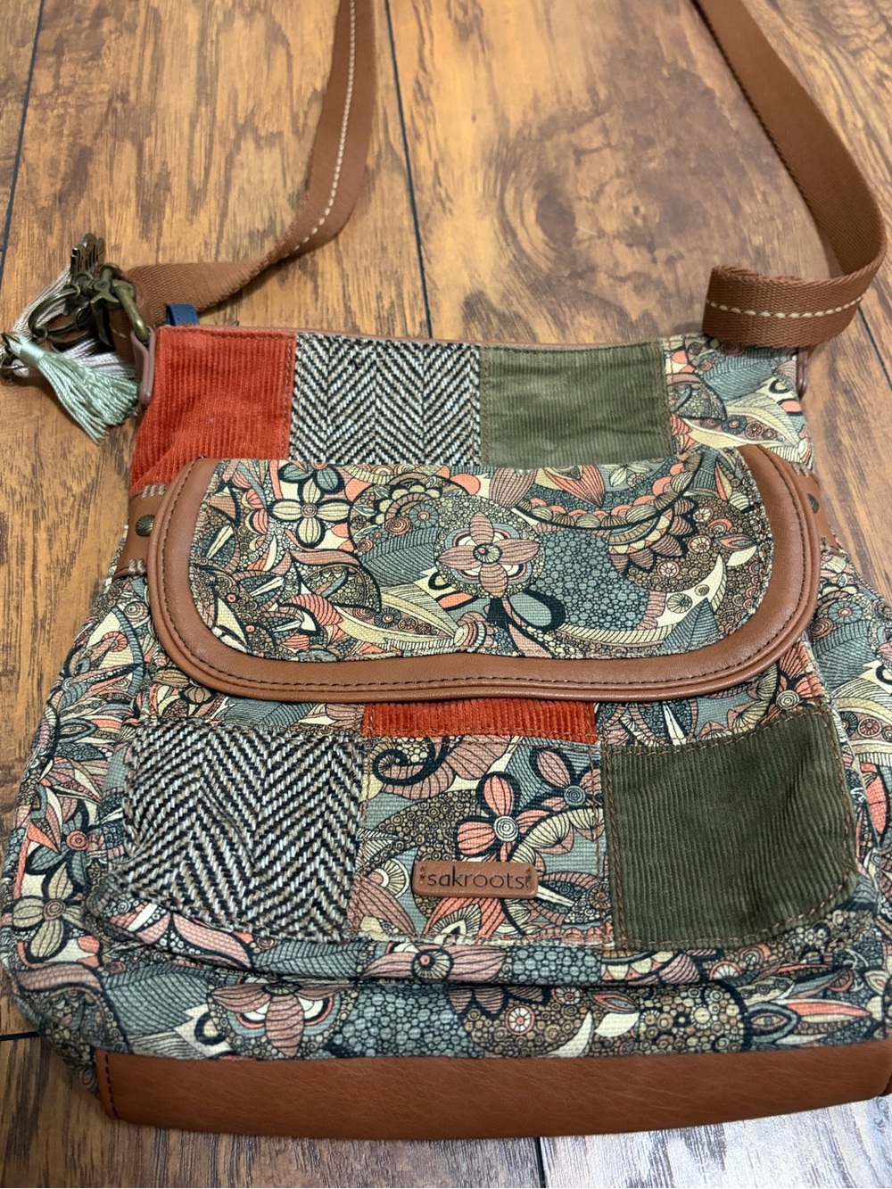Sakroots Multicolor Patchwork Messenger Bag in Brown, Green, Orange, Blue